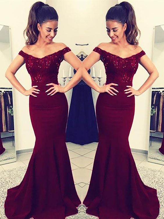 Charming Burgundy Off Shoulder Elastic Satin Long Mermaid Lace Prom Dresses    cg21390