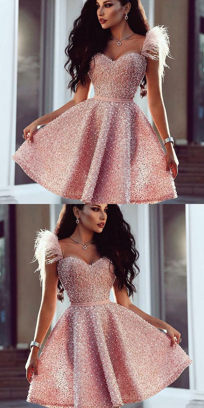 Sweetheart Pink Beaded Short homecoming Dress with Feathers, Cutest Pink Dresses for Homecoming  cg214