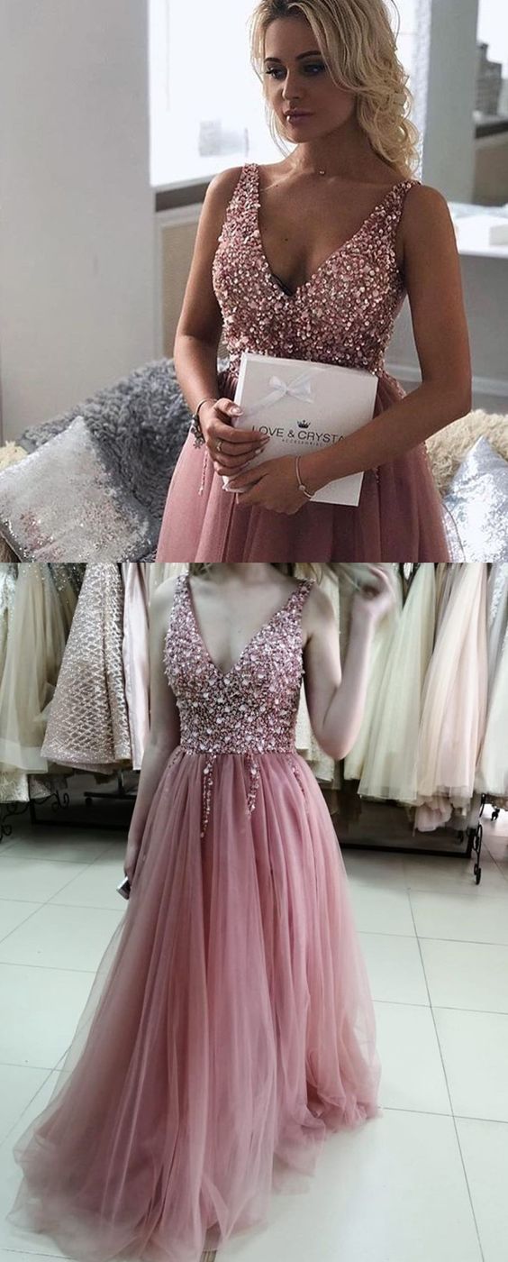 Gorgeous V Neck Beaded Blush Pink Long Evening Dresses Prom Dresses cg2159
