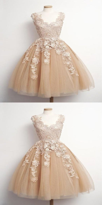 A-Line Sleeveless Champagne Short Homecoming Dresses,Appliqued Tulle Homecoming Dresses cg2165