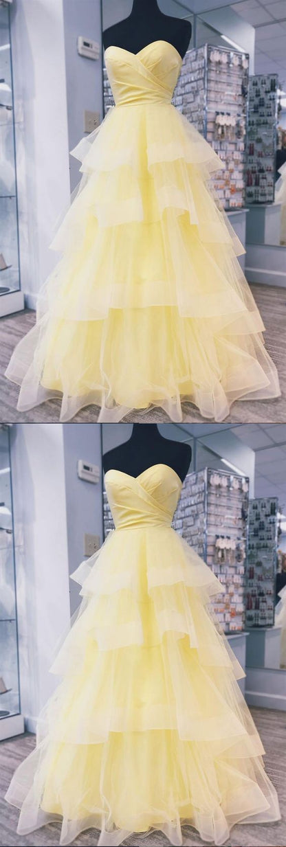 Sweethart Neck Floor Length Yellow Puffy Prom Dresses, Yellow Floor Length Puffy Formal Graduation Evening Dresses cg2182