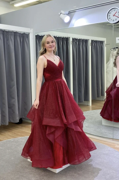 Burgundy tulle long A line prom dress evening dress   cg21824