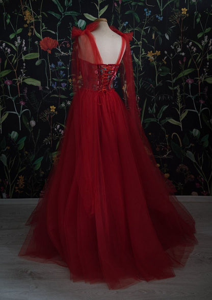 Red Velvet Prom Dress Tulle Evening Gowns   cg22188