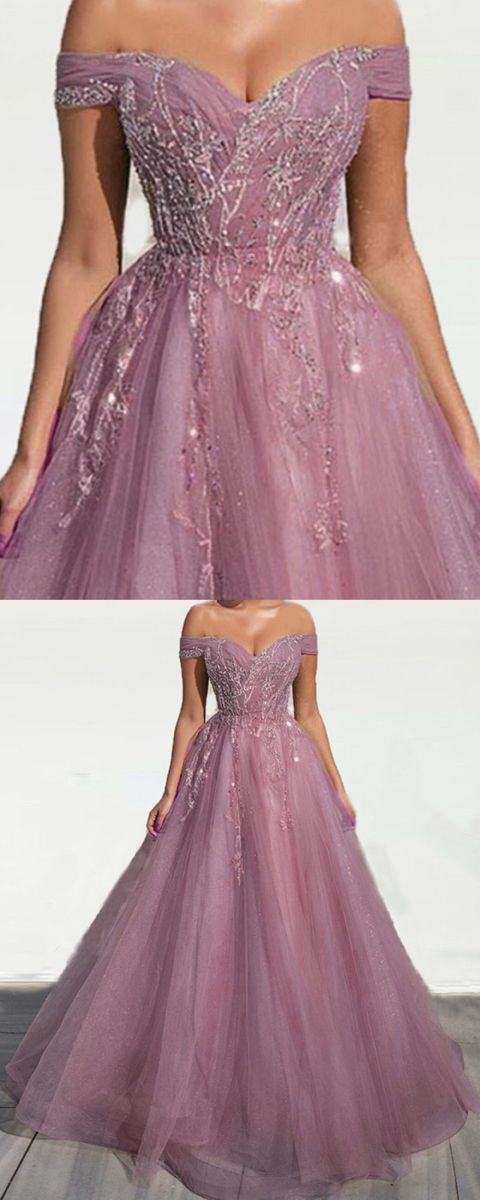 Mauve prom dresses princess off the shoulder tulle appliques ball gown for women    cg22553