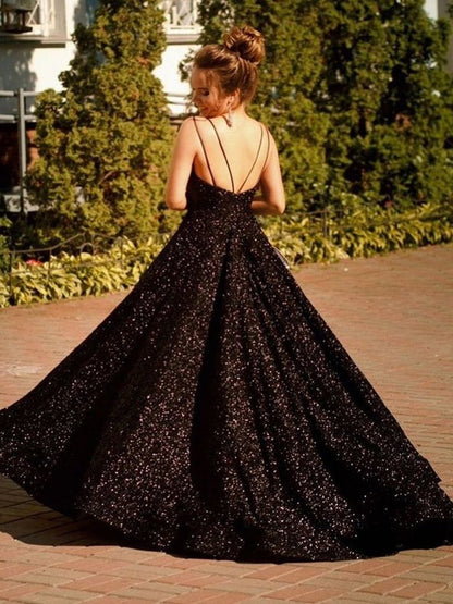 Shiny V Neck Backless Black Long Prom Dresses, Open Back Black Formal Evening Dresses, Sparkly Black Ball Gown       cg22562