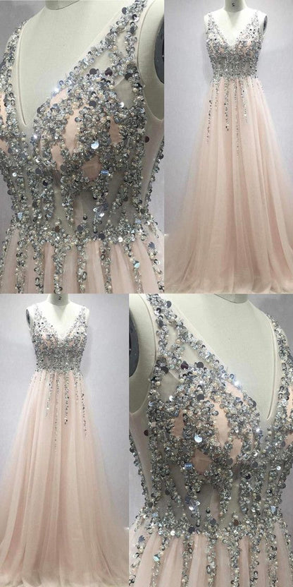 Deep V Neck Long Tulle Peach Prom Dresses With Sequins And Beads cg2273