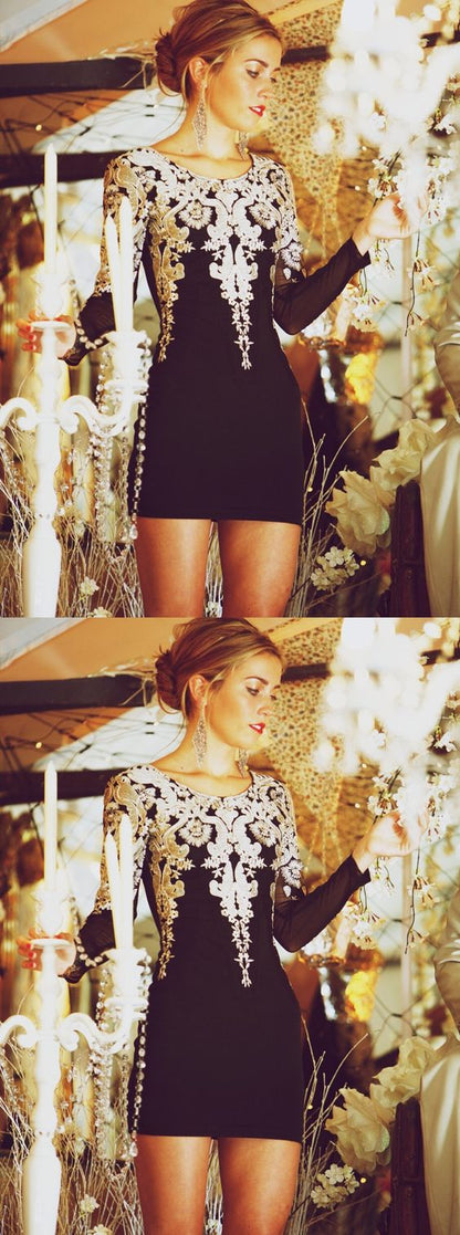 Short Mini Embroidered Vintage Cocktail Dress Lace Appliqued Black Party Homecoming Dresses cg2278
