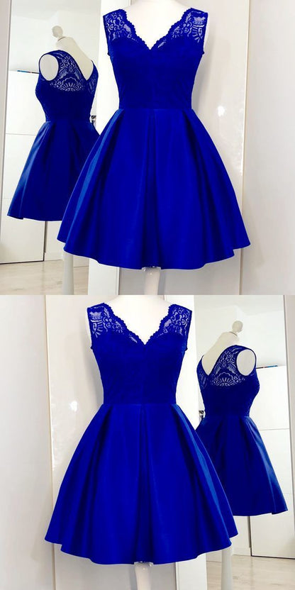 Charming Royal Blue Cute homecoming Dress, Lace Satin Short Homecoming Dress   cg233