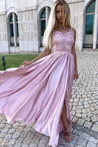 Pink lace long A line prom dress pink evening dress        cg23367