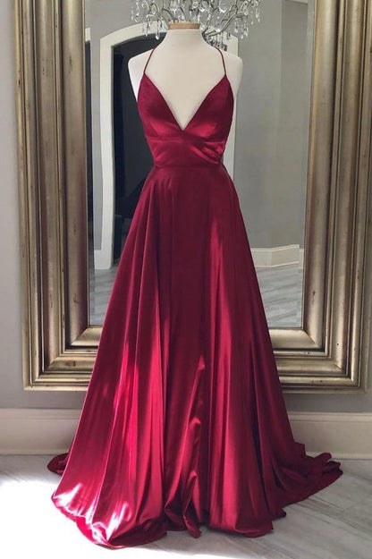 BURGUNDY SATIN LONG A LINE PROM DRESS EVENING DRESS       cg23453