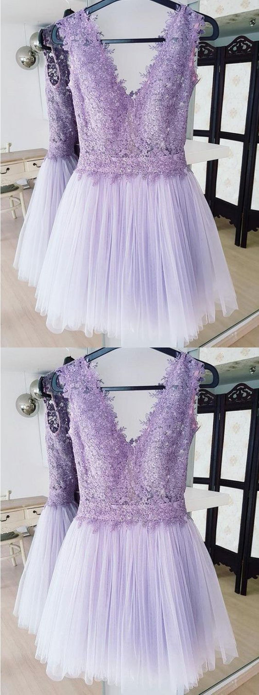 A-Line Deep V-Neck Backless Lilac Short Homecoming Dress With Lace     cg23542