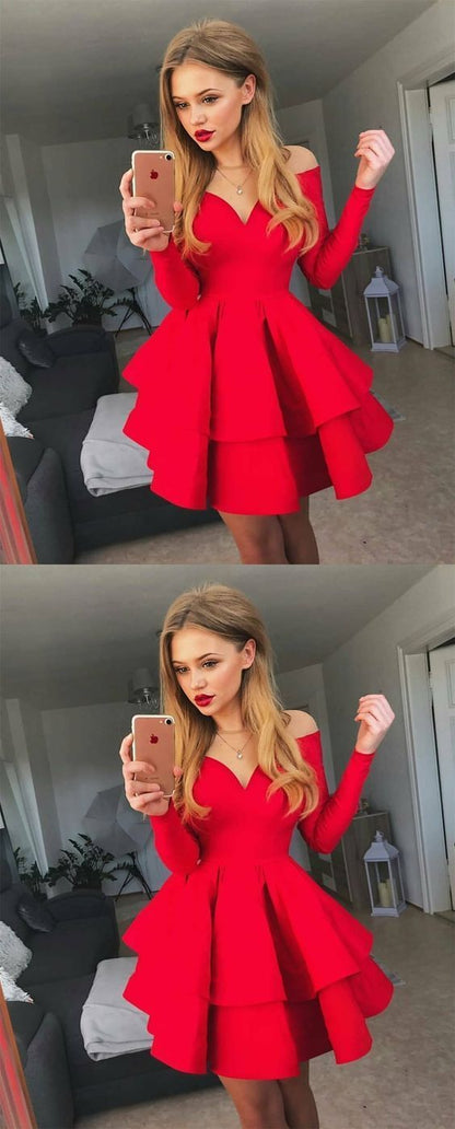 A-Line Crew Neck Long Sleeves Short Red Tiered Homecoming Dress cg240