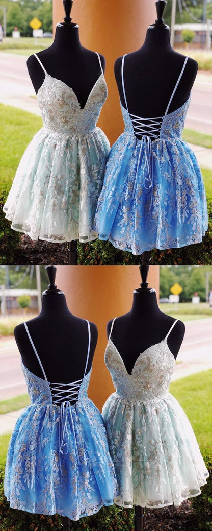 unique blue lace homecoming dresses, formal a line back to school dresses cg2408