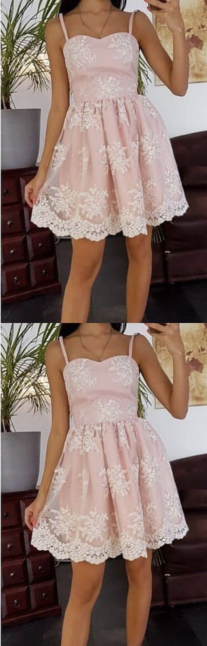 Cute A Line Spaghetti Straps Lace Homecoming Dresses Pink cg2463