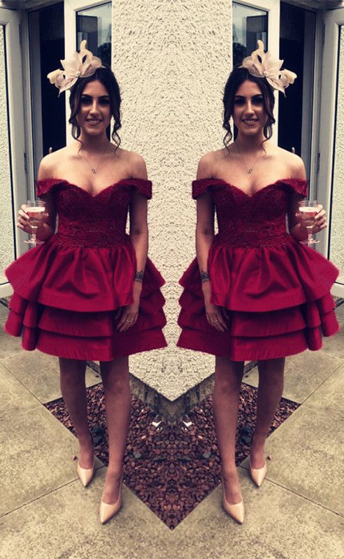 Short satin ruffles homecoming dresses burgundy cg2464