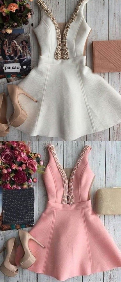Hot Ivory Deep V Neck with Beading Pearls Short Homecoming Dress cg2478