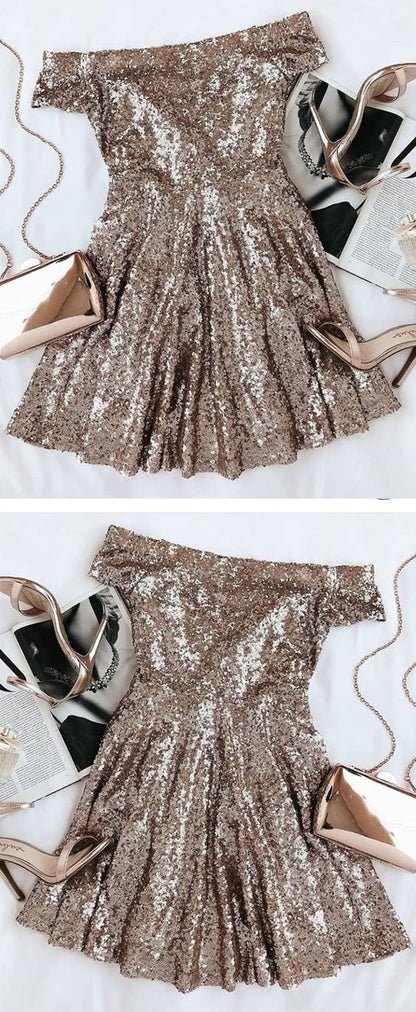 stunning gold seuqins homecoming dresses, off the shoulder cocktail party dresses, short sleeves homecoming dresses cg2587
