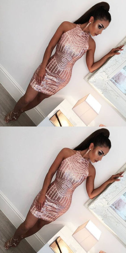 Sexy Halter Sleeveless Open Back Tight Short Rose Gold Homecoming Dress with Sequins cg2589