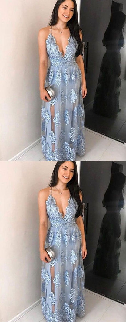 Blue tulle lace long prom dress, blue lace evening dress cg2602