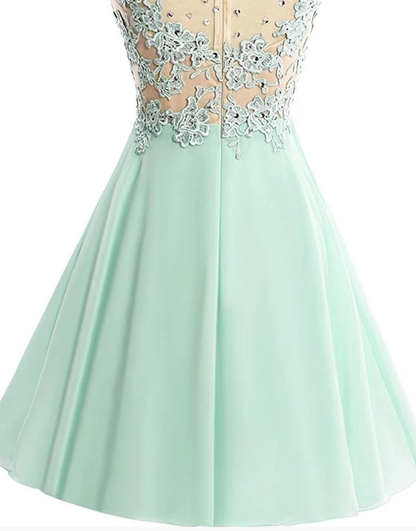 Cute Lace Applique Knee Length Round Neckline Party Dress, Short homecoming Dress cg2636