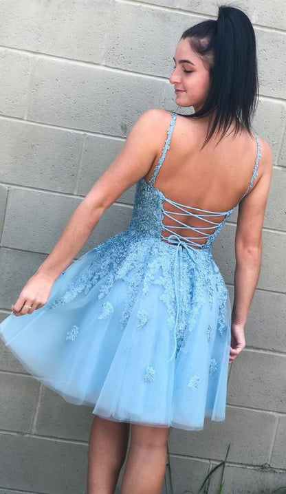 A Line Spaghetti Straps Blush Homecoming Dress With Appliques Beading cg2637