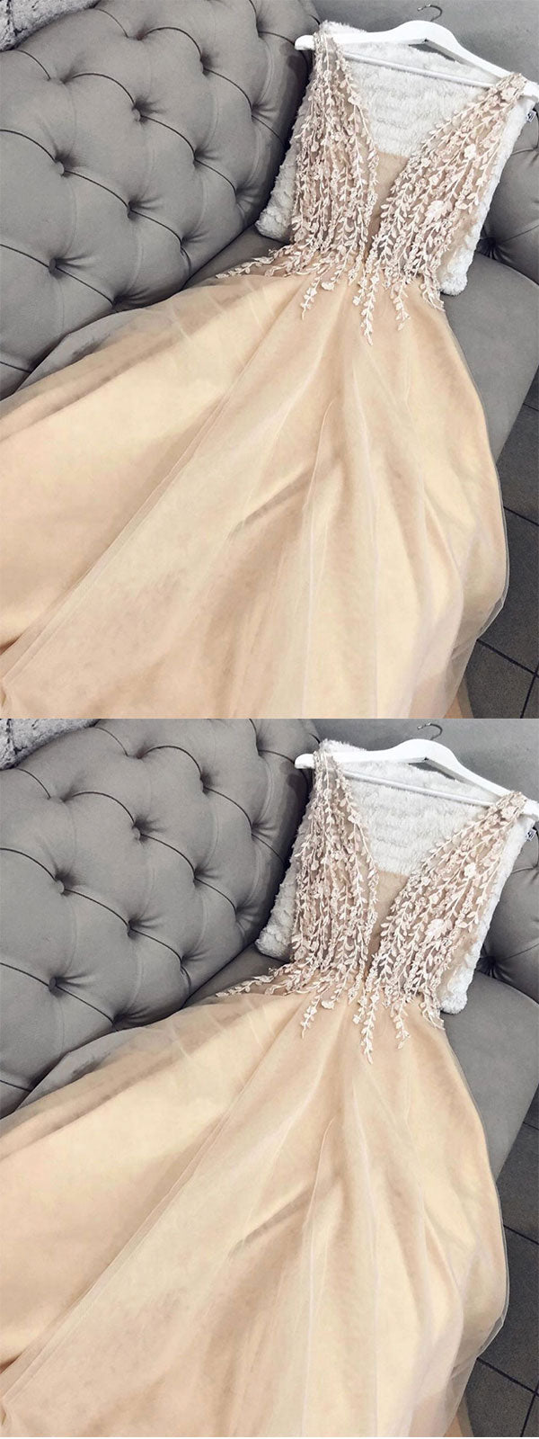 Champagne tulle lace long prom dress, champagne tulle formal dress cg2790