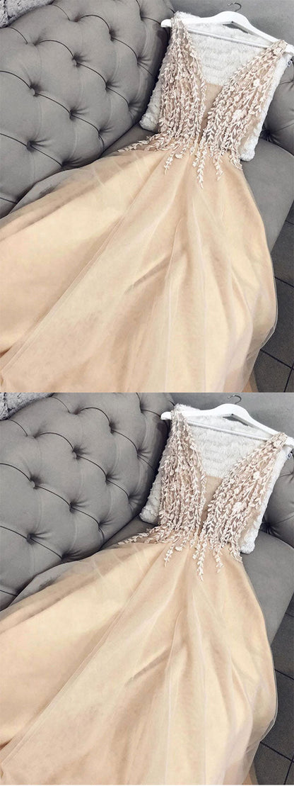 Champagne tulle lace long prom dress, champagne tulle formal dress cg2790