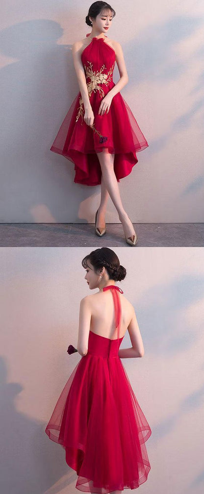 Halter Red Tulle A-Line Homecoming Dresses,Sleeveless Short homecoming Dresses  cg285