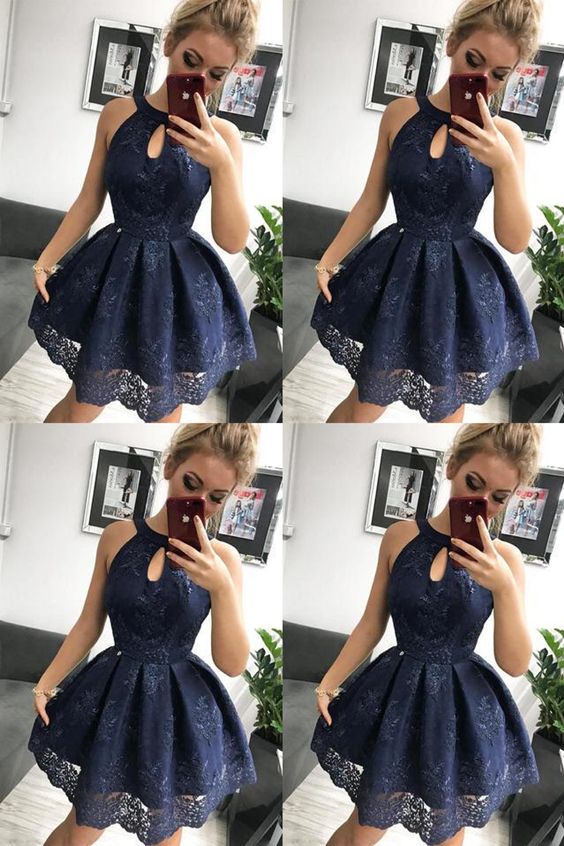 Navy Blue Lace Homecoming Dress, Simple Sleeveless Short Party Dresses  cg2854