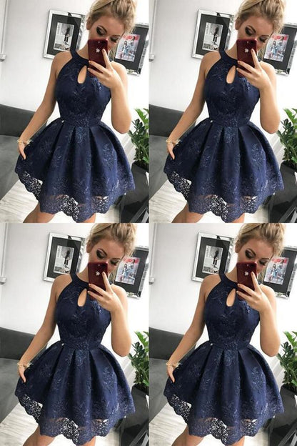 Navy Blue Lace Homecoming Dress, Simple Sleeveless Short Party Dresses  cg2854