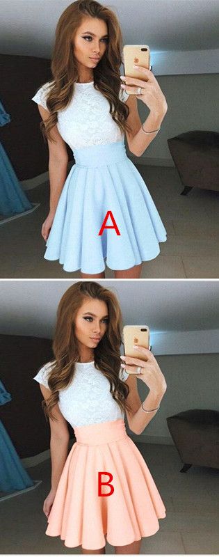 A-Line Round Neck Cap Sleeves Pink Chiffon Short Homecoming Dress with Lace cg2879