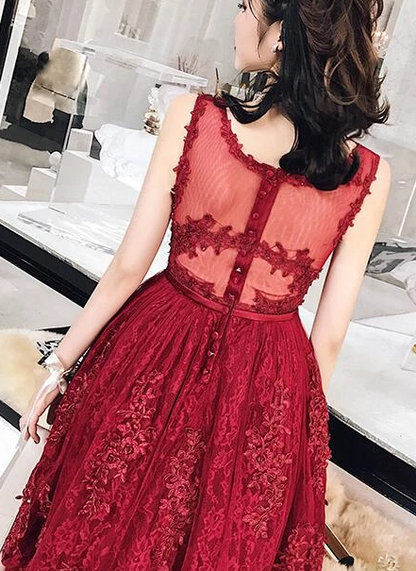 Charming Wine Red Tea Length Tulle Homecoming Dress, Lace Party Dress cg3026