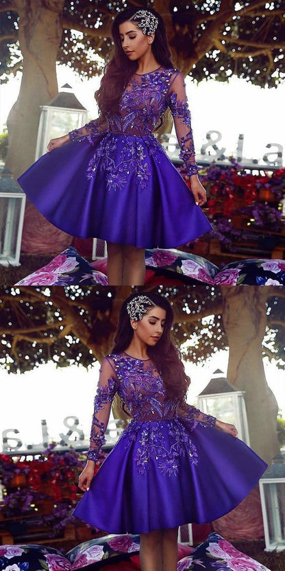 A-Line Round Neck Long Sleeves Royal Blue Short homecoming Dress with Appliques  cg312