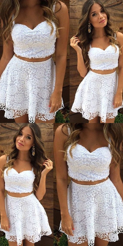 Two Piece Straps Short White Lace Homecoming Cocktail Dress ,cheap homecoming dress cg319