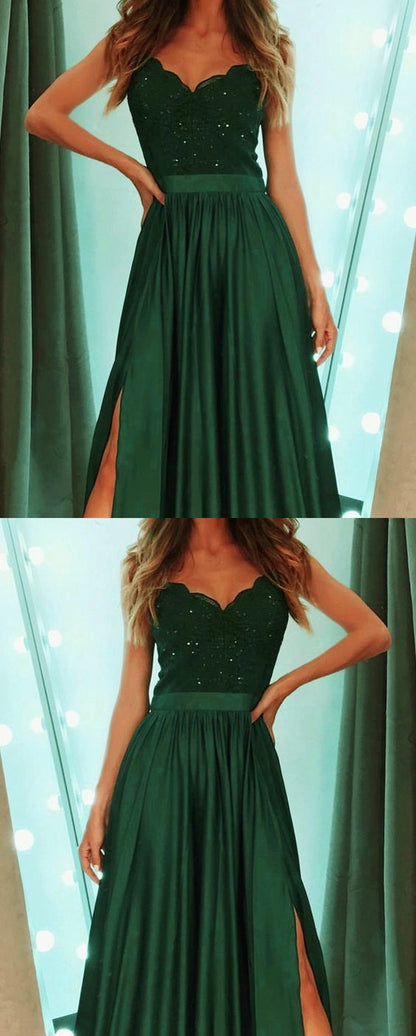 dark green prom dress,appliques evening gowns,sexy prom dress,split evening gowns cg3225