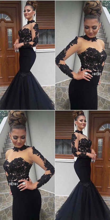 long sleeves mermaid evening dress, elegant black long prom dress, lace appliques formal dress  cg3257