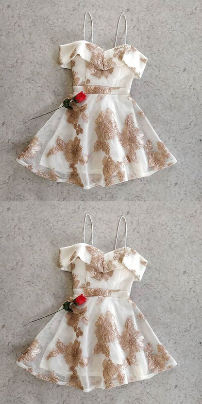 A Line Off the Shoulder Lace Champagne Short Homecoming Dresses, Pretty Short homecoming Dresses cg329