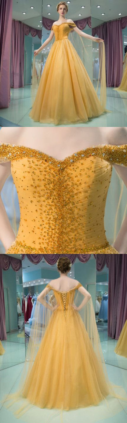 Beading Prom Dress Off-the-shoulder Yellow Brush Train Rhinestone Prom Dress/Evening Dress cg3294