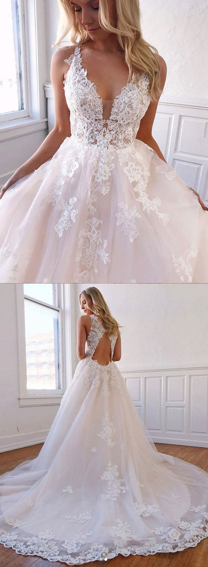 Custom made v neck tulle lace long prom dress, wedding dress cg3346