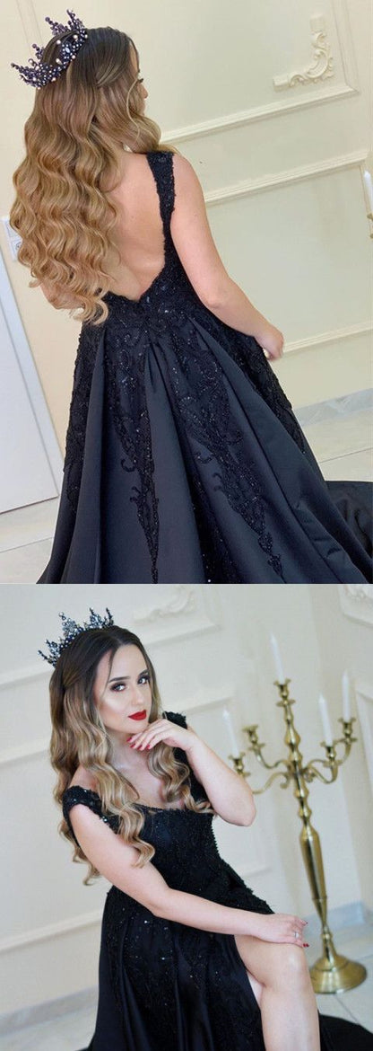 Elegant Black Satin Beaded V Neck Split Evening Dresses cg3485