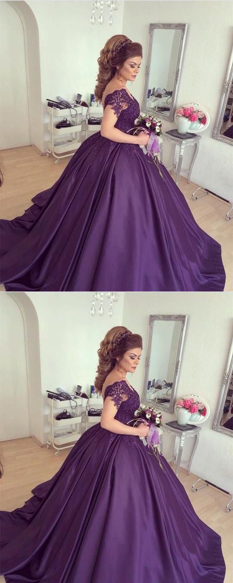 Purple Lace V-neck Cap Sleeves prom Wedding Dresses Ball Gowns For Bridal Parties cg3554