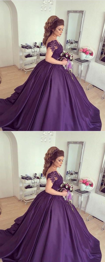 Purple Lace V-neck Cap Sleeves prom Wedding Dresses Ball Gowns For Bridal Parties cg3554