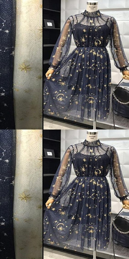 See Through Dark Navy homecoming Dress A-Line High Neck Dresses With Long Sleeves cg3654