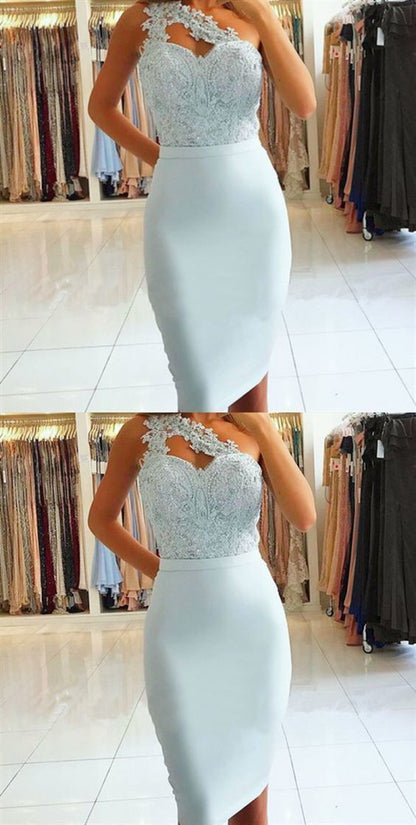 Sheath One Shoulder Light Blue Knee-Length homecoming Dress with Lace Beading cg374