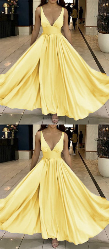 long yellow bridesmaid prom dresses plunge v neck cg3768