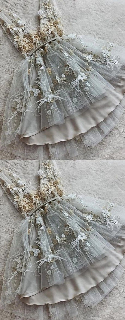 Gray V neck Tulle Lace Short Dress Gray Homecoming Dress cg3829