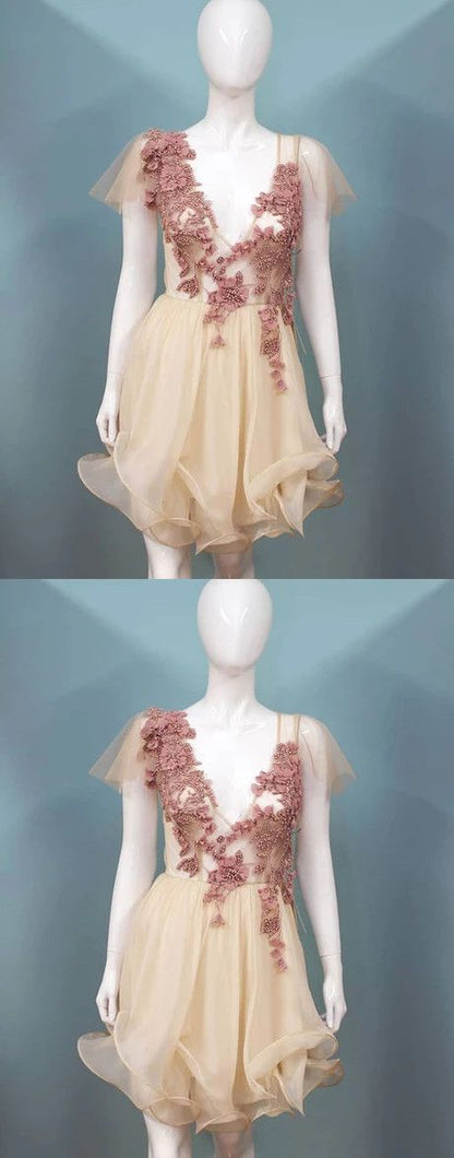 Champagne V neck Lace Short Dress Tulle Homecoming Dress cg3834