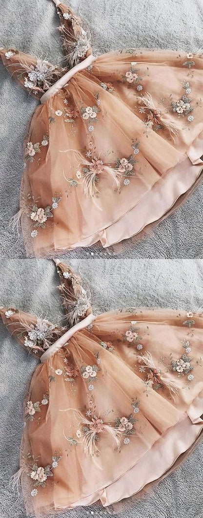 A-line V neck Champagne Tulle Lace Short Dress Homecoming Dress cg3852