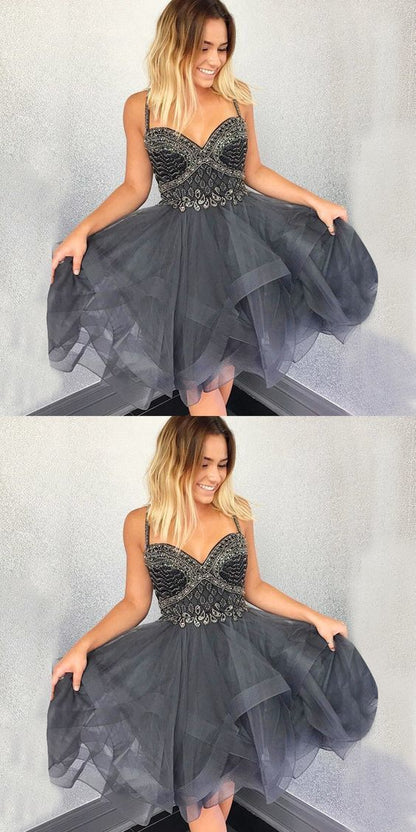 Elegant Asymmetry Grey Beaded Homecoming Dresses, Short Party dresses cg393