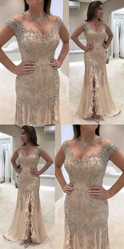 2019 Sheath Prom Dresses,Round Neck Prom Dresses,Light Champagne Prom Dresses,Chiffon Prom Dresses cg3932